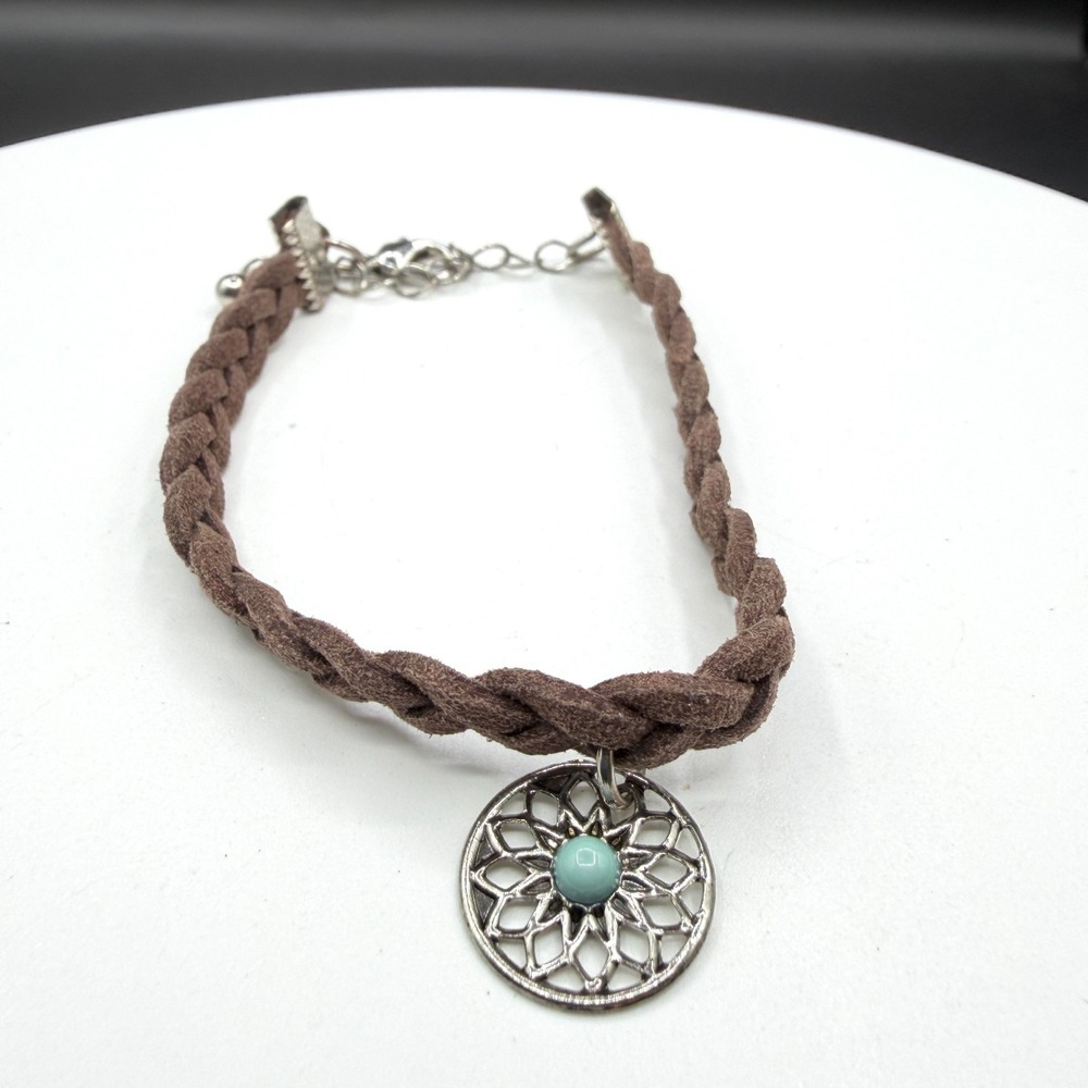 Braided Brown Faux Leather Charm Bracelet Turquoise Tone Boho Festival GiftBraid